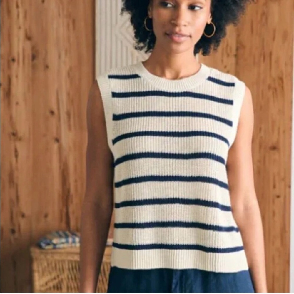 Faherty Miramar Linen Navy Cream Mantauk Stripe Muscle Tank Sweater Vest Small